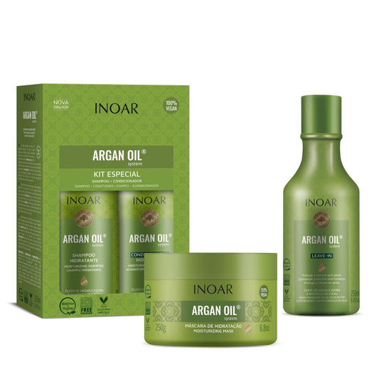 Inoar Argan Oil System Kit - Shampoo, Conditioner, Leave-in and Hair Mask